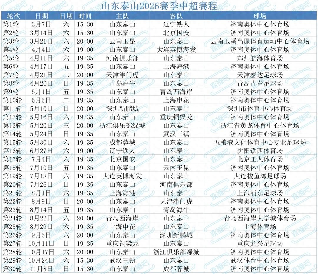 中超|2026賽季賽程公布,魯京大戰3月14日進行